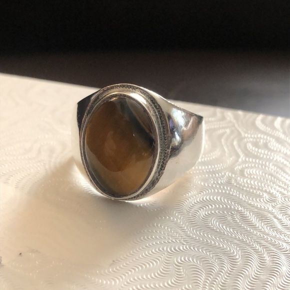 M VINTAGE Tigers Eye Sterling Silver Cabochon Oval Ring Sz 14-1/2 - Picture 11 of 14